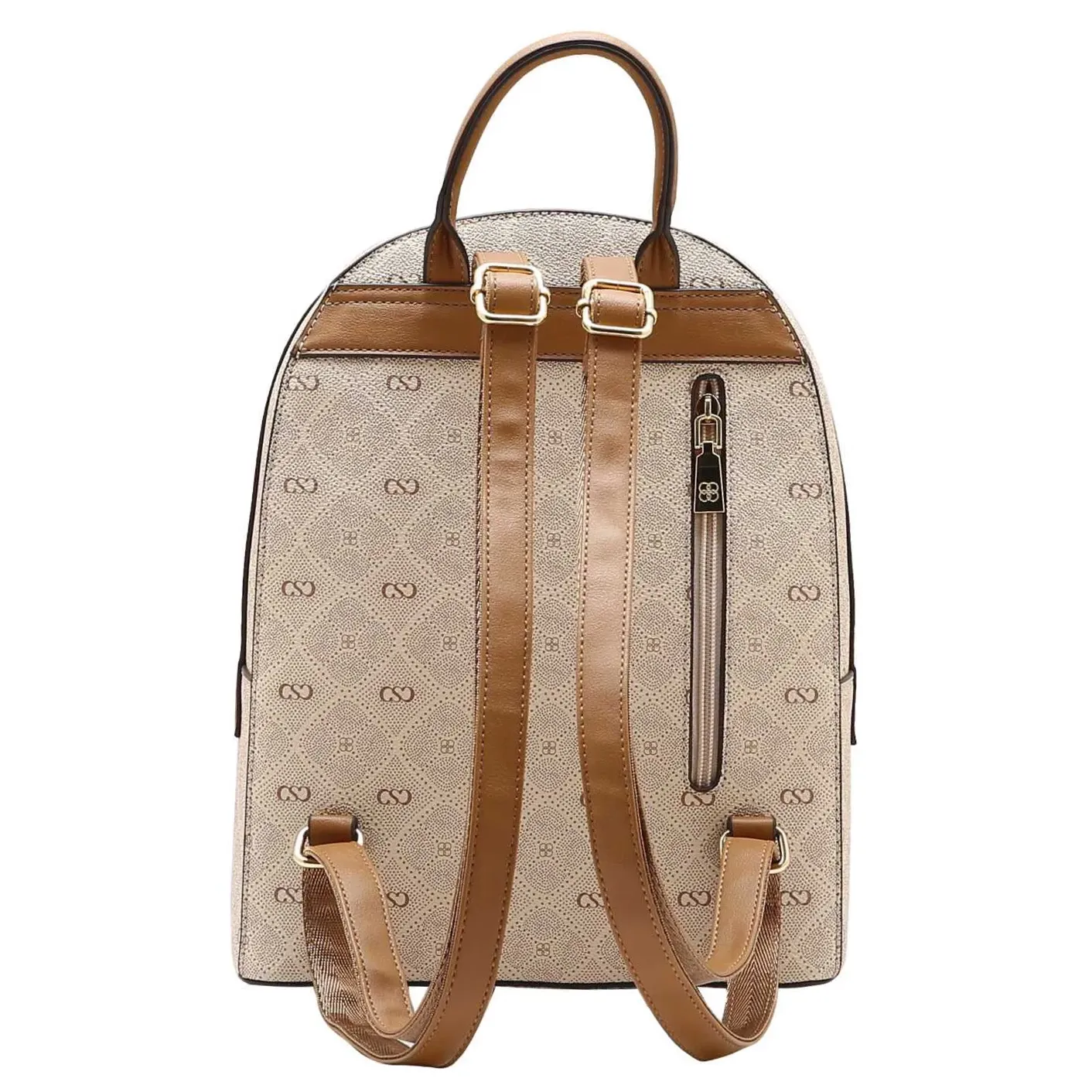 Vista traseira da mochila Chenson bege com alças ajustáveis em PU marrom e bolso lateral com zíper
